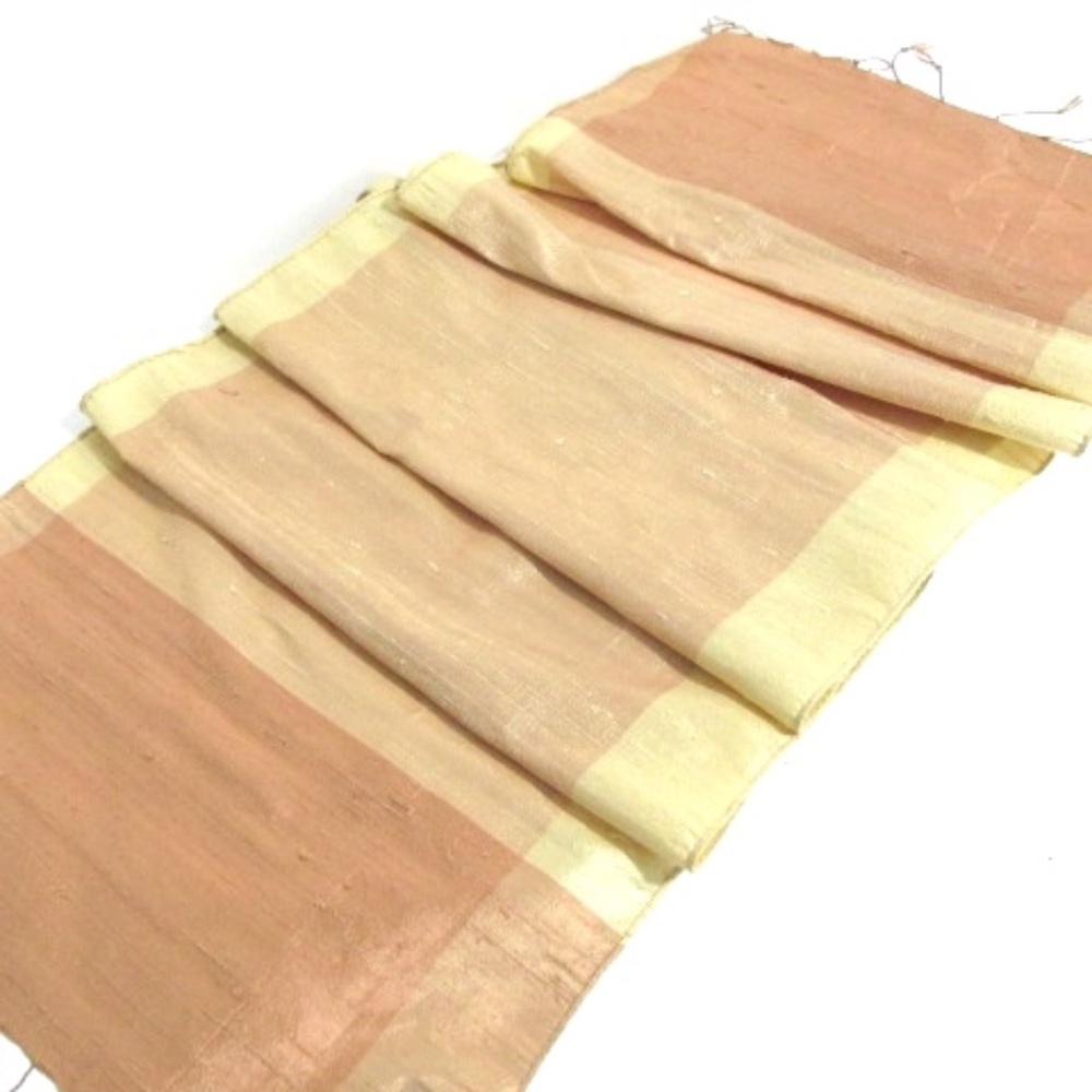 Pastel Peach Gold Dupion Raw Silk Fringed Ribbon Scarf - Picture 2 of 6
